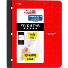 Five Star 11" 1-subject Wireless Notebook 80 Sheets - Sewn - College Ruled Front Ruling - 3 Hole(s) - 9 1/8" x 11" Sheet Size - Black Plastic Cover - Pocket, Perforated, Bleed Resistant, Easy Tear, Durable Cover - 1 Each