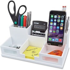 Victor Phone Holder Desk Organizer 6 Compartment(s) - 4" Height x 5.50" Width x 10.40" Depth - Stackable, Sturdy, Durable, Scratch Resistant, Scuff-free, Non-slip Feet, Cell Phone Holder - Matte White - White - Wood, Frosted Glass, Rubber - 1 Each