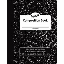 Pacon Composition Book 100 Sheets - 200 Pages - Wide Ruled Front Ruling - 0.38" Ruled - Red Margin - 9.75" Height x 7.5" Width x 0.1" Length - White Paper - Black Marble Cover - Durable, Hard Cover - 1 Each