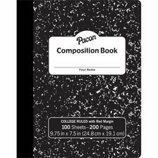 Pacon Composition Book 100 Sheets - 200 Pages - College Ruled Front Ruling - 0.28" Ruled - 9.75" Height x 7.5" Width x 0.1" Length - White Paper - Black Marble Cover - Durable, Hard Cover - 1 Each
