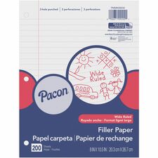 Pacon Wide Ruled Filler Paper 200 Sheets - Wide Ruled Front Ruling - 0.38" Ruled - Red Margin - 3 Hole(s) - 8" x 10 1/2" Sheet Size - White Paper - Smooth, Punched - 200 / Pack