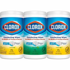 Clorox Disinfecting Bleach Free Cleaning Wipes Value Pack Ready-To-Use - Fresh, Crisp Lemon Scent - 12" Length x 12" Width - Pre-moistened - White - 75/Tub - 3 / Pack