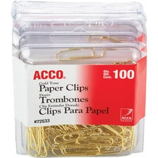 ACCO Gold Tone Paper Clips No. 2 - 1.4" Length x 0.5" Width - 10 Sheet Capacity - for Office, Home, School, Document, Paper - Sturdy, Flex Resistant, Bend Resistant - Gold - 100/Box - 4 / Pack