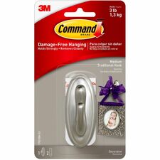 Command Medium Traditional Hook, Brushed Nickel 3 lb (1.36 kg) Capacity - 1.3" Width x 3.1" Length - for Decoration - Plastic - Metallic Silver - Brushed Nickel - 1 / Pack