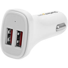 StarTech.com Dual Port USB Car Charger - White - High Power 24W/4.8A - 2 Port USB Car Charger 24 W - 12 V DC, 24 V DC Input - 5 V DC Output - 4.80 A - 1 Each