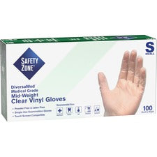 Safety Zone Powder Free Clear Vinyl Gloves 9.25" Glove Length - Small Size - Unisex - Clear - Latex-free, Comfortable, Allergen-free, Silicone-free, DINP-free, DEHP-free - For General Purpose, Cleaning, Food, Janitorial Use, Cosmetics, Painting, Pet Care