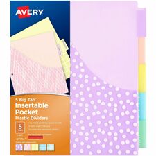 Avery® Big Tab Plastic Dividers with Pockets, 5-Tab (07714 5 x Divider(s) - 5 - 5 Tab(s)/Set - 9.3" Divider Width x 11.25" Divider Length - 3 Hole Punched - Multicolor Plastic Divider - Plastic Tab(s) - PVC-free, Hole-punched, Insertable, Customizable