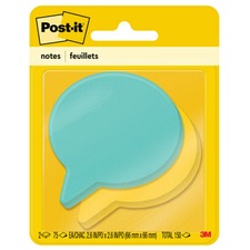 Post-it® Die-Cut Notes 150 x Assorted - 3" Flag/Note Width x 3" Flag/Note Length - Thought Bubble - 75 Sheets per Pad - Blue, Green - Die-cut, Self-adhesive - 2 / Pack