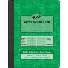 Pacon Dual Ruled Composition Book Plain - Quad Ruled, Wide Ruled Front Ruling - 9.75" Height x 7.5" Width x 0.5" Length - Green Cover - 24 / Carton