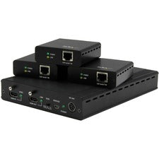 StarTech.com Video Extender Transmitter/Receiver 1 Input Device - 3 Output Device - 229.66 ft Range - 6 x Network (RJ-45) - 1 x USB - 1 x HDMI In - 4 x HDMI Out - 4K - 4096 x 2160 - Twisted Pair - Category 6 - Rack-mountable - TAA Compliant