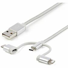 StarTech.com USB Multi-Charger Cable - Lightning, USB-C, Micro-B - Braided - 1 m (3 ft.) 3.30 ft Lightning/USB Data Transfer Cable for iPod, iPad, iPhone, Phone, Tablet - First End: 1 x 4-pin USB 2.0 Type A - Male - Second End: 1 x 8-pin Lightning - Male,