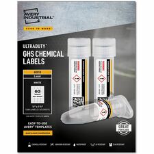 Avery® UltraDuty Chemical Label Waterproof - 1/2" Width x 1 3/4" Length - Permanent Adhesive - Rectangle - Laser - White - Film - Print-to-the Edge, Permanent Adhesive, Chemical Resistant, Abrasion Resistant, Tear Resistant, Temperature Resistant, Cus