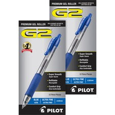 Pilot G2 Premium Gel Roller Retractable Pens 0.38 mm Ultra Fine Pen Point - Refillable - Retractable - Blue Ink - Gel-based - Clear Barrel - 1 Dozen/Box - 2 / Bundle