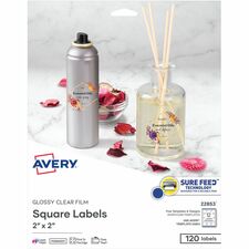 Avery® Sure Feed Glossy Labels Waterproof - 2" Width x 2" Length - Permanent Adhesive - Square - Inkjet, Laser - Glossy Crystal Clear - Crystal Clear - Film - 12 / Sheet - 12 Total Sheets - 120 Total Label(s) - 10 / Pack