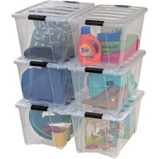 IRIS Stackable Clear Storage Boxes Internal Dimensions: 16.10" Length x 11.60" Width x 12.20" Height - External Dimensions: 22" Length x 16.5" Width x 13" Height - 13.25 gal - Latch Lock, Buckle Closure - Stackable - Clear, Black - For Shoes, Blanket, Equ