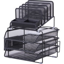 Lorell Divided 4-tier Desktop Organizer 4 Tier(s) - 15.75" Height x 12.87" Width x 14.37" Depth - Desktop - Black - Plastic, Mesh - 1 Each