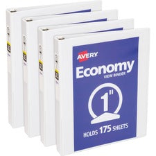 Avery® Economy View Binder 1" Binder Capacity - Letter - 8 1/2" x 11" Sheet Size - 175 Sheet Capacity - 3 Ring(s) - Fastener(s): Round Ring - Pocket(s): 2, Internal - Vinyl-covered Chipboard - White - 15.84 oz - Gap-free Ring, Exposed Rivet, Non Locki