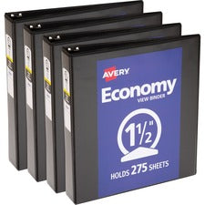 Avery® Economy View Binder 1 1/2" Binder Capacity - Letter - 8 1/2" x 11" Sheet Size - 275 Sheet Capacity - 3 Ring(s) - Fastener(s): Round Ring - Pocket(s): 2, Internal - Vinyl, Chipboard - Black - Gap-free Ring, Exposed Rivet, Non Locking Mechanism,