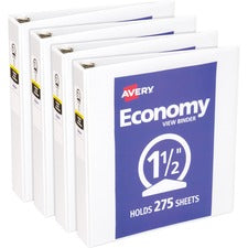 Avery® Economy View Binder 1 1/2" Binder Capacity - Letter - 8 1/2" x 11" Sheet Size - 275 Sheet Capacity - 3 Ring(s) - Fastener(s): Round Ring - Pocket(s): 2, Internal - Vinyl, Chipboard - White - Gap-free Ring, Exposed Rivet, Non Locking Mechanism,