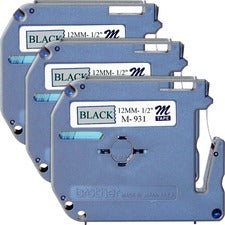 P-touch P-touch Nonlaminated M Series Tape Cartridge 1/2" Width - Rectangle - Direct Thermal - Silver, Black - 3 / Bundle
