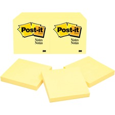 Post-it® Notes Original Notepads 3" Flag/Note Width x 3" Flag/Note Length - Square - 100 Sheets per Pad - Unruled - Canary Yellow - Paper - Self-adhesive, Repositionable - 12/Pack - 2 / Bundle