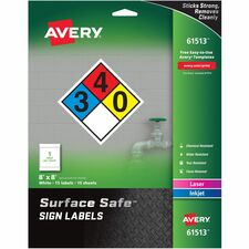 Avery® 8"x8" Removable Label Safety Signs 8" Width x 8" Length - Removable Adhesive - Rectangle - Laser, Inkjet - White - Film - Water Resistant - 1 / Sheet - 15 Total Sheets - 15 Total Label(s) - 15 / Pack