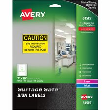 Avery® 7"x10" Removable Label Safety Signs 7" Width x 10" Length - Removable Adhesive - Rectangle - Laser, Inkjet - White - Film - Water Resistant - 1 / Sheet - 15 Total Sheets - 15 / Pack