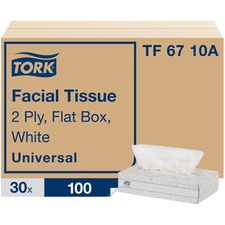 TORK Universal Facial Tissue Flat Box 2 Ply - 7.90" Width x 8.20" Length - White - Paper - 100/Box - 30 / Carton