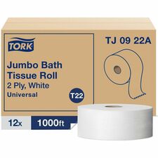 TORK Universal Jumbo Bath Tissue Roll 2 Ply - 3.60" Width x 1000 ft Length - 1000 Sheets/Roll - 8.80" Roll Diameter - 3 19/64" Core - White - Paper - 12 / Carton