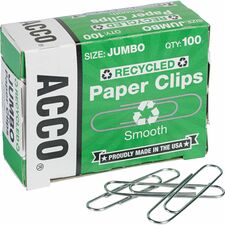 ACCO Recycled Paper Clips Jumbo - 1.6" Length - 20 Sheet Capacity - for Paper - Reusable, Durable - Silver - 100/Box - 10 / Pack