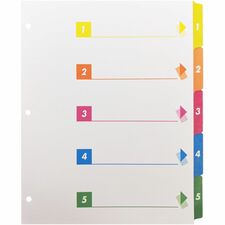 Business Source Color-coded Table of Contents/Tabs Index Dividers Printed Tab(s) - Digit - 1-5 - 5 Tab(s)/Set - 3 Hole Punched - White Divider - Multicolor Mylar Tab(s) - 24 / Box