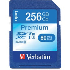 Verbatim Premium 256 GB Class 10/UHS-I (U1) SDXC - 1 Each - TAA Compliant 90 MB/s Read - Lifetime Warranty
