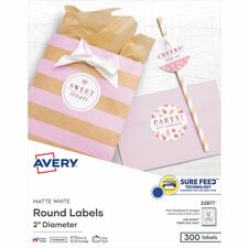 Avery® Easy Peel Labels -Sure Feed - Print-to-the-Edge Waterproof - x 2" Diameter - Permanent Adhesive - Round - Inkjet, Laser - Matte White - Matte - Paper - 12 / Sheet - 12 Total Sheets - 300 Total Label(s) - 25 / Pack