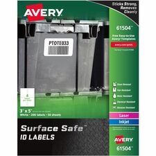 Avery® Surface Safe ID Label 3" Width x 5" Length - Removable Adhesive - Rectangle - Laser, Inkjet - White - Film - Water Resistant - 4 / Sheet - 50 Total Sheets - 200 Total Label(s) - 200 / Pack