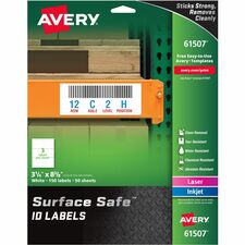 Avery® Surface Safe ID Label 3 1/4" Width x 8 3/8" Length - Removable Adhesive - Rectangle - Laser, Inkjet - White - Film - Water Resistant - 3 / Sheet - 50 Total Sheets - 150 Total Label(s) - 150 / Pack