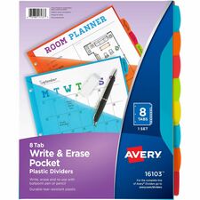 Avery Write & Erase Durable Plastic Dividers with Pocket 8 x Divider(s) - 8 Write-on Tab(s) - 8 Tab(s)/Set - 9.3" Divider Width x 11.25" Divider Length - 3 Hole Punched - Multicolor Plastic Divider - Multicolor Plastic Tab(s) - Durable, Hole-punched, Stur