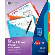 Avery Write & Erase Durable Plastic Dividers with Pocket 5 x Divider(s) - 5 Write-on Tab(s) - 5 Tab(s)/Set - 9.3" Divider Width x 11.25" Divider Length - 3 Hole Punched - Multicolor Plastic Divider - Multicolor Plastic Tab(s) - Pocket, Writable, Erasable,