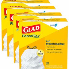 Glad ForceFlex Tall Kitchen Drawstring Trash Bags 13 gal Capacity - 27" Length x 24" Width x 9 mil (229 Micron) Thickness - Drawstring Closure - White - Plastic - Kitchen, Office, Day Care, Restaurant, School - 100/Box - 144 / Pallet