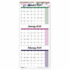Blueline 3-Month Colorful Wall Calendar Professional - Julian Dates - Monthly - 14 Month - December 2025 to January 2027 - 3 Month Single Page Layout - 12 1/4" x 27" Sheet Size - Twin Wire - Hook & Loop - Floral - Paper - Notes Area, Moon Phases, Holiday