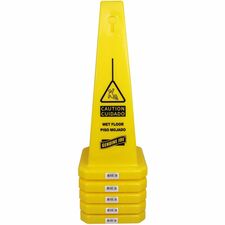 Genuine Joe Bright 4-sided Caution Safety Cone English, Spanish - 10" Width x 24" Height x 10" Depth - Cone Shape - Stackable - Industrial - Polypropylene - Yellow - 5 / Carton