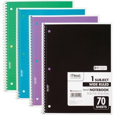 Mead 1 Subject Wide Ruled Spiral Notebook 70 Sheets - 140 Pages - Spiral Bound - 3 Hole(s) - 10 1/2" x 8" Sheet Size - 10" Height x 8" Width x 0.5" Length - White Paper - Assorted Cover - Durable Cover, Bleed Resistant, Perforated, Spiral Lock, Lightweigh