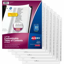Avery® 1-31 Custom Table of Contents Dividers 186 x Divider(s) - 1-31, Table of Contents - 31 Tab(s)/Set - 8.5" Divider Width x 11" Divider Length - 3 Hole Punched - White Paper Divider - White Paper Tab(s) - Hole-punched, Printable, Customizable, Pre