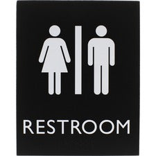 Lorell Unisex Restroom Sign Print/Message "Toilette Men" , "TOILETTE (ladies)" - 6.4" Width x 8.5" Height - Rectangular Shape - Surface-mountable - Easy Readability, Braille - Restroom, Information - Plastic - Black - 1 Each