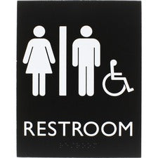 Lorell Unisex Handicap Restroom Sign Print/Message "Restroom (Man/Woman/Wheelchair)" - 6.4" Width x 8.5" Height - Rectangular Shape - Surface-mountable - Easy Readability, Braille - Restroom - Plastic - Black - 1 Each