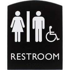 Lorell Arched Unisex Handicap Restroom Sign 6.8" Width x 8.5" Height - Rectangular Shape - Surface-mountable - Easy Readability, Braille - Plastic - Black - 1 Each