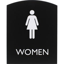 Lorell Arched Women's Restroom Sign Print/Message "Women" - 6.8" Width x 8.5" Height - Rectangular Shape - Surface-mountable - Easy Readability, Braille - Plastic - Black - 1 Each