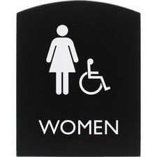 Lorell Arched Women's Handicap Restroom Sign Print/Message "Women" - 6.8" Width x 8.5" Height - Rectangular Shape - Surface-mountable - Easy Readability, Braille - Plastic - Black - 1 Each