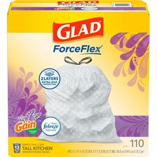 Glad ForceFlex Tall Kitchen Drawstring Trash Bags Gain Lavender with Febreze Freshness - 13 gal Capacity - 25.38" Length x 23.75" Width x 0.72 mil (18 Micron) Thickness - Drawstring Closure - White - Home, Office/ - 110 / Box