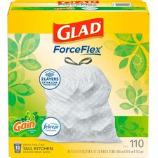 Glad ForceFlex Tall Kitchen Drawstring Trash Bags Gain Original with Febreze Freshness - 13 gal Capacity - 33.75 ft Length x 25.38 ft Width x 0.72 mil (18 Micron) Thickness - Drawstring Closure - White - Home, Office, Kitchen, Breakroom - 110 / Box