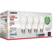 Satco 10W A19 LED 5000K Light Bulbs 10 W - 60 W Incandescent Equivalent Wattage - 120 V AC - 800 lm - A19 Size - Frosted White - Natural Light Light Color - E26 Base - 15000 Hour - 5000°K Color Temperature - 94 CRI - 220° Beam Angle - 4 / Pack